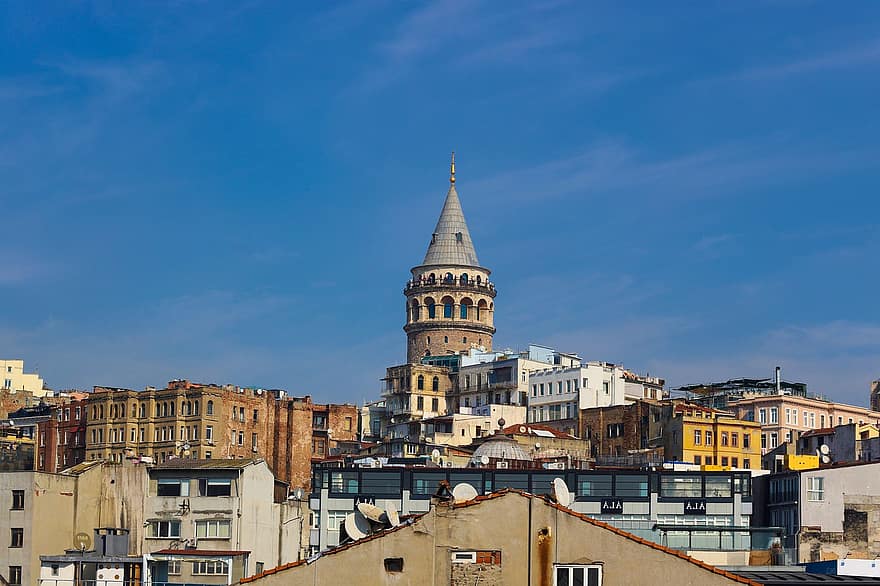 кула галата, кула, сгради, широко устие, мост, купол, Истанбул, Турция, архитектура, небе, град
