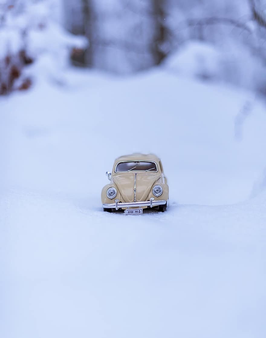 speelgoed-, auto, sneeuw, Volkswagen Kever, speelgoedauto, modelauto, speelgoed voertuig, miniatuur, voertuig, auto-, wijnoogst
