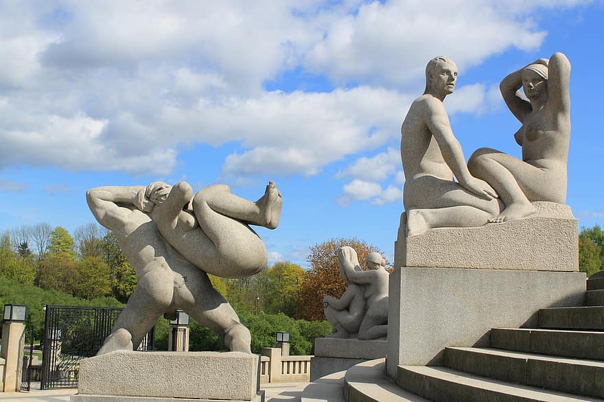 Oslo, Noruega, parque de esculturas, escultura, pedra, figuras, humano