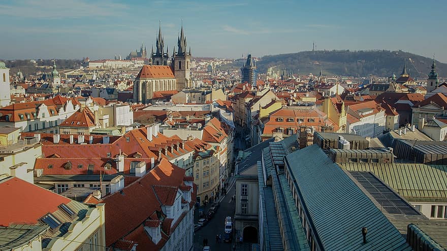 Прага, град, в центъра, Европа, покрив, градски пейзаж, архитектура, известното място, външна сграда, изглед от въздуха, градски силует