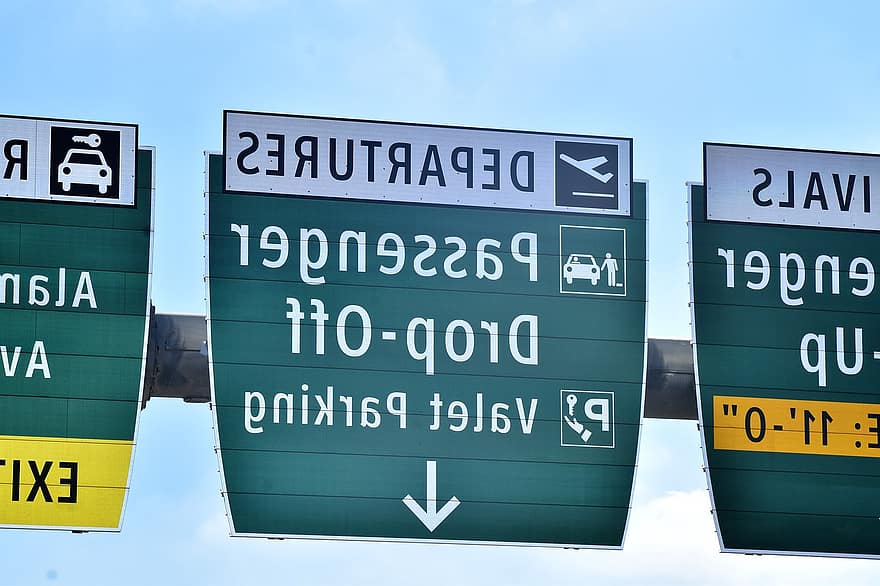 Signage, Directions, Airport, Sign, Passenger Drop-off, Valet Parking, Terminal, Arrival, Departure, Clearance, Road