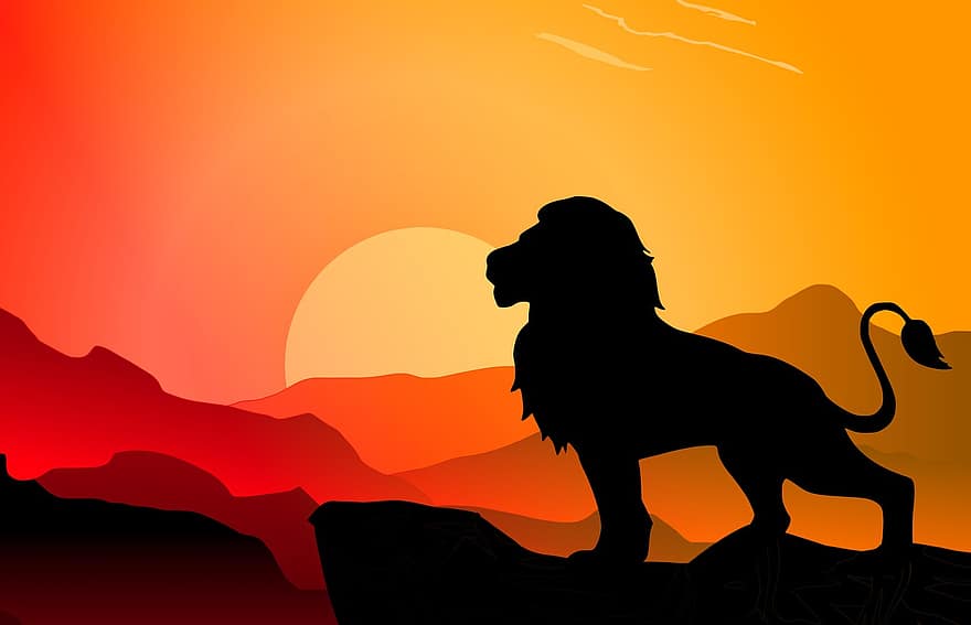 ライオン、岩、キング、シルエット、誇り、風景、獣、ネコ、サファリ、日没、野生動物