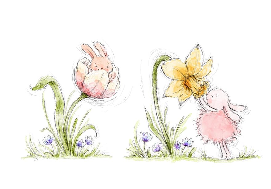 цветя, зайчета, Великден, пружина, зайци, разцвет, растения, природа, заек, трева, илюстрация