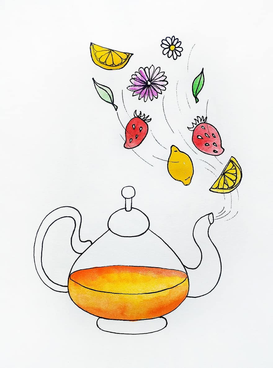 thee, waterkoker, theepot, fruit thee, bloem thee, drinken, drank, Thee zetten, geur, kunst, schetsen