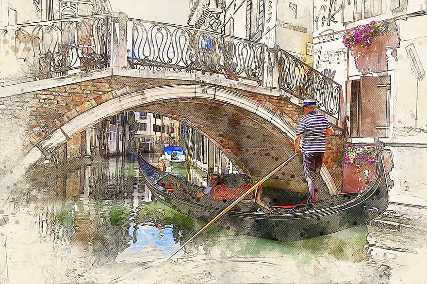 gondola, kanal, seni foto, Venesia, saluran, perahu, jembatan, pendayung gondola, pariwisata, perjalanan, bersejarah