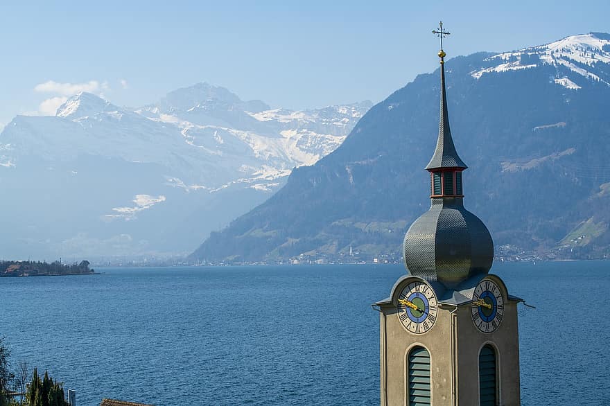góry, Szwajcaria, bauen, vierwaldstättersee, kanton uri, chrześcijaństwo, religia, krzyż, architektura, znane miejsce, Góra