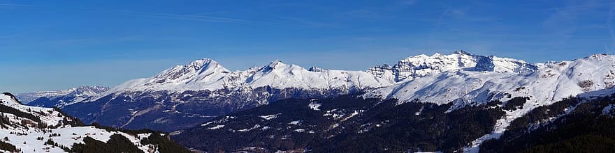 Lanţ de munţi, lanț de munți, iarnă, zăpadă, cer albastru, panoramă, crestele, Elveţia, Munte, varf de munte, albastru