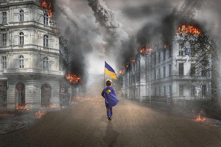 Ucrânia, bandeira, garotinho, destruição, prédios, fogo, criança, fumaça, rua