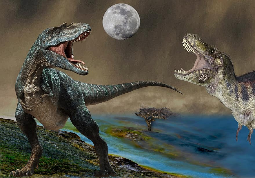 pré-histórico, extinto, dinossauro, t-rex, jurássico, animal, luta, lua, surreal, fantasia, réptil