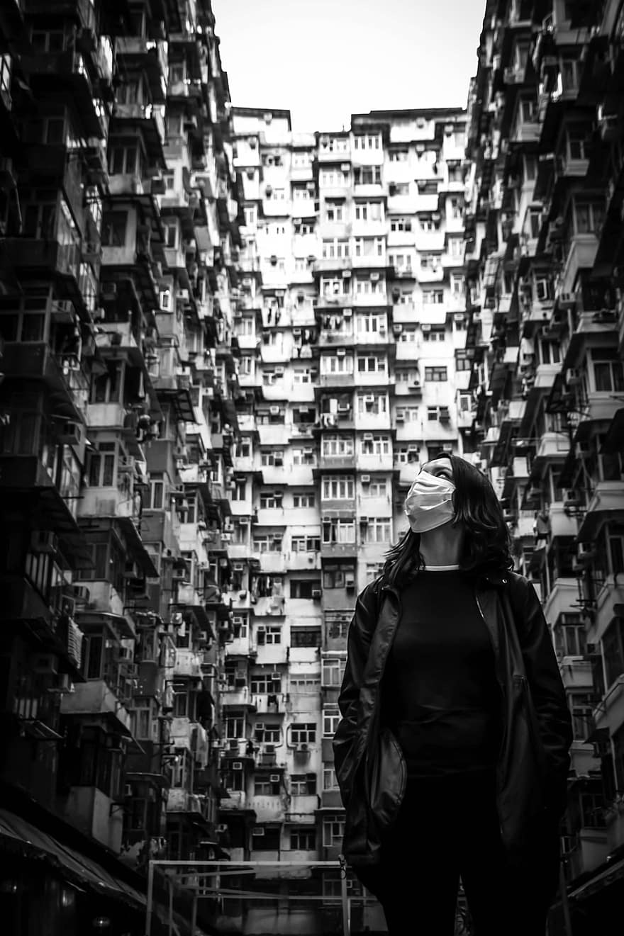 kvinne, ansiktsmaske, bygninger, Hong Kong, virus, koronavirus, covid-19, mote, se opp, Asia, pike