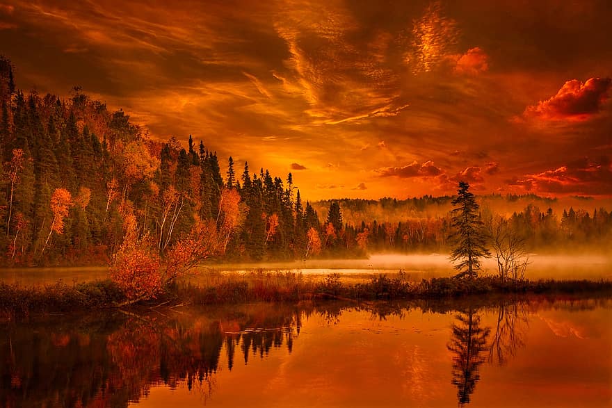 Autumn, Forest, Lake, Nature, Outdoors, Fall