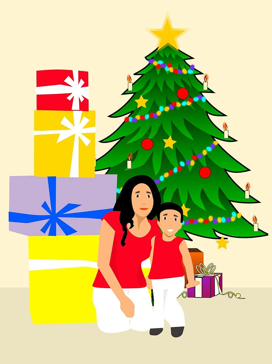 god Jul, julgran, gåvor, låda, barn, mor, seriefigur
