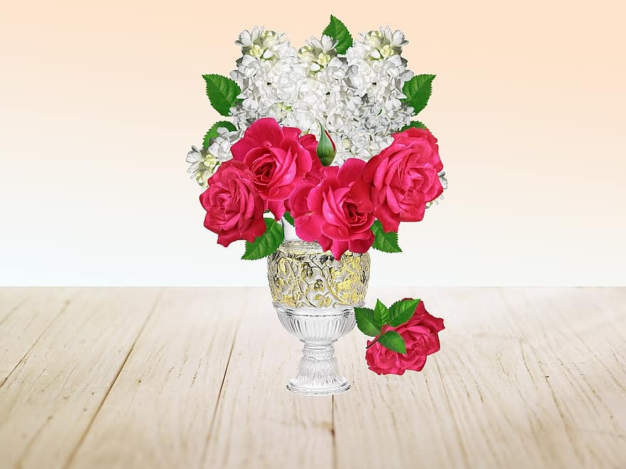 vase, syrin, bukett, lilla blomstervase, blomstersammensetning, roser, rød