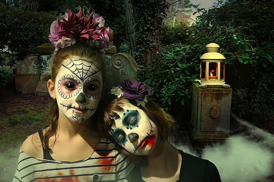 Gotik, fantezi, karanlık, korku, şeker kafatası, Dia de Los Muertos, cadılar bayramı, vamp, mezarlık, mum