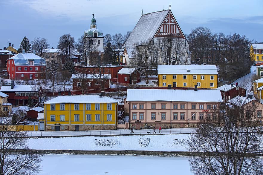 porvoo, Finlandia, zimowy, śnieg, Miasto, Katedra w Porvoo, kościół, domy, Budynki