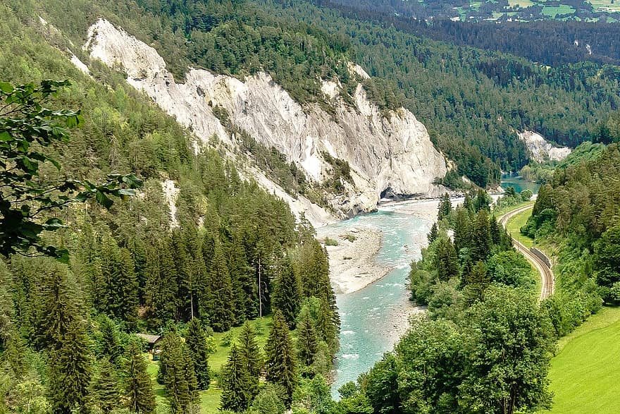 Alperne, Schweiz, Graubünden, rhine klovn, rinaulta, natur, landskab, Skov, bjerg, vand, træ
