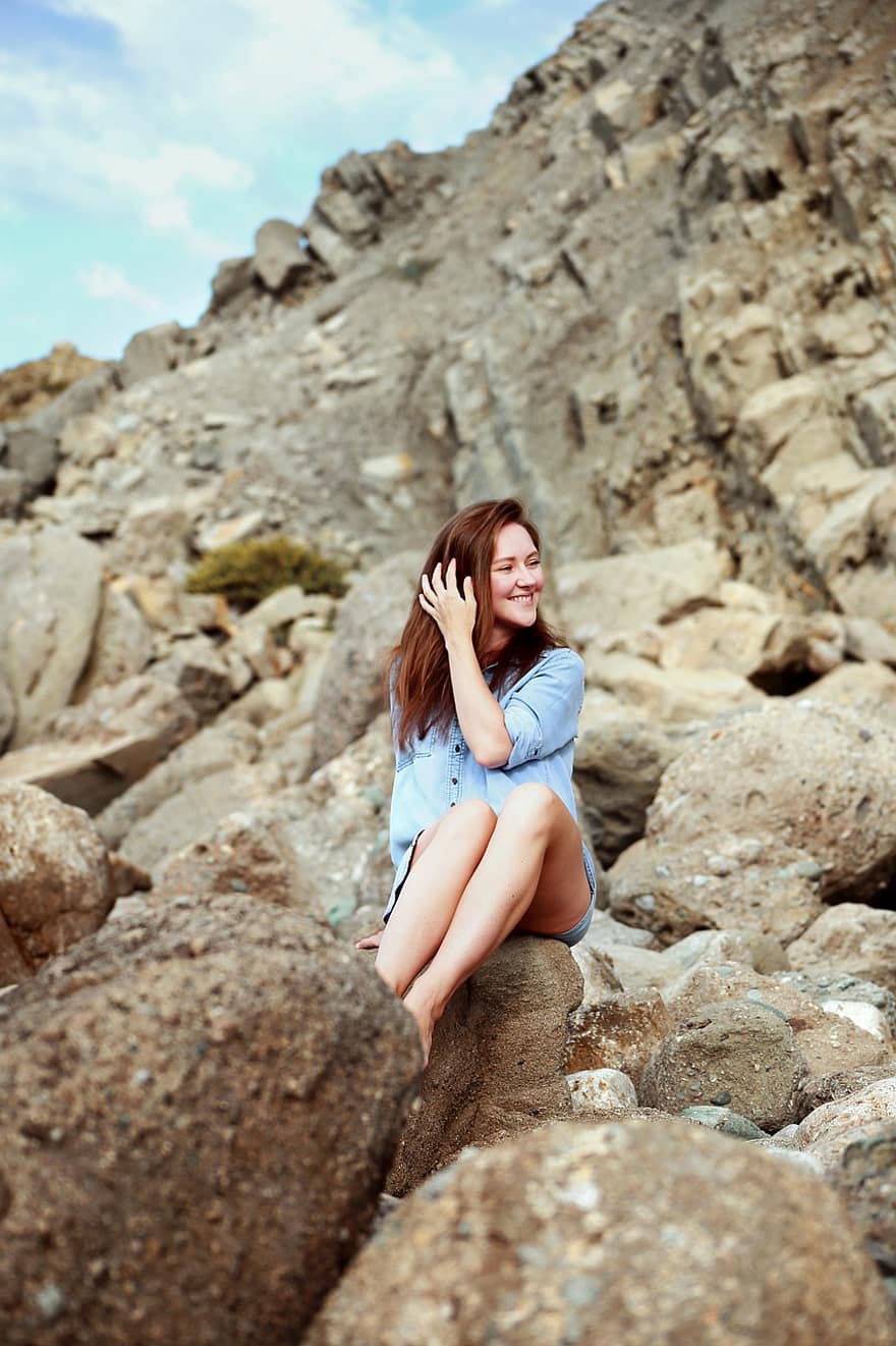 Woman, Rocks, Mountain, Stones, Young Woman, women, summer, lifestyles, one person, adult, young adult