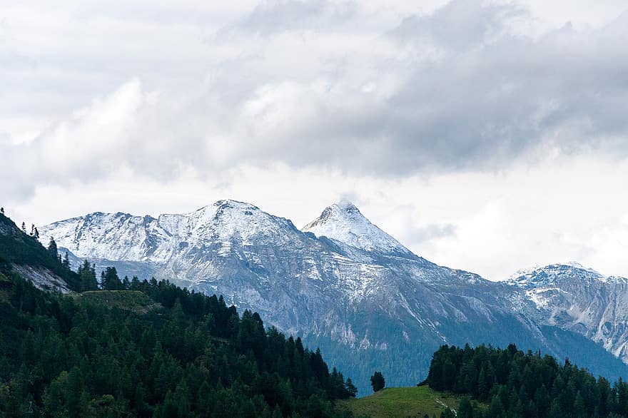 Áustria, obertauern, montanhas, Salzburgo, Alpes, pico, neve, floresta, natureza