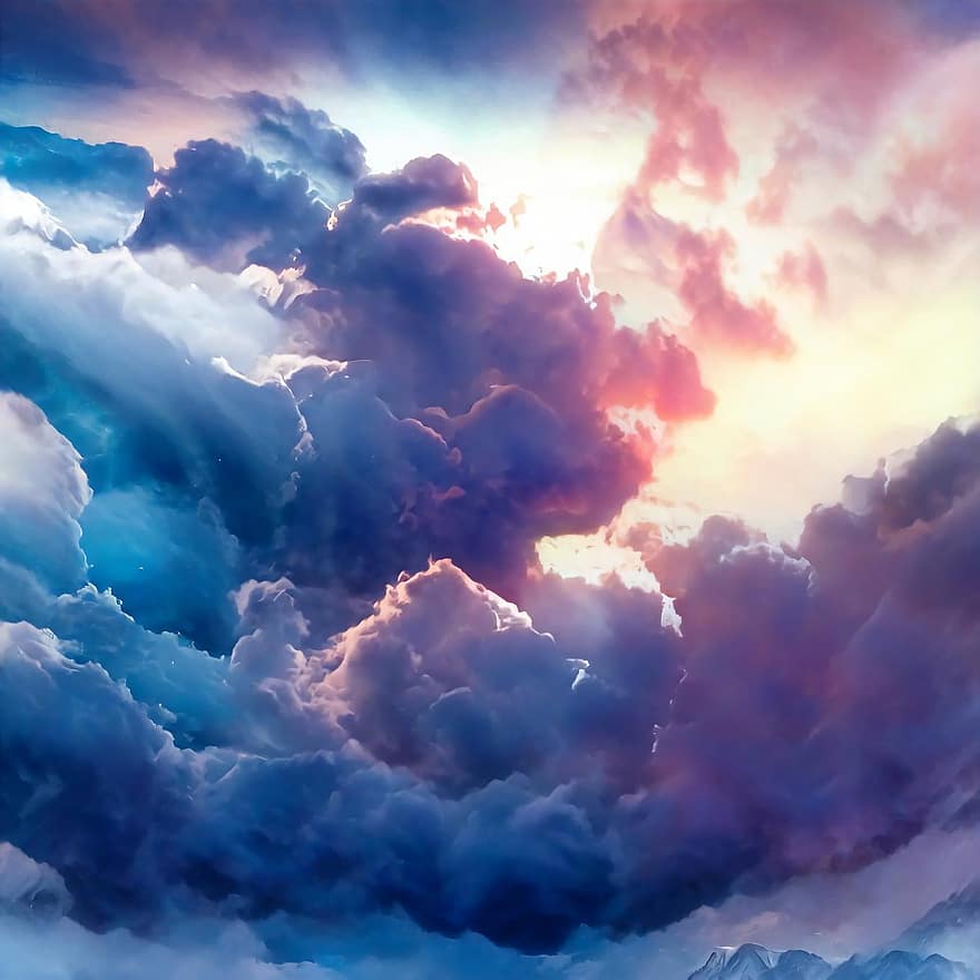 ég, felhők, gomolyfelhő, szürkület, szabadban, légtér, időjárás, felhő, kék, háttérrel, nap