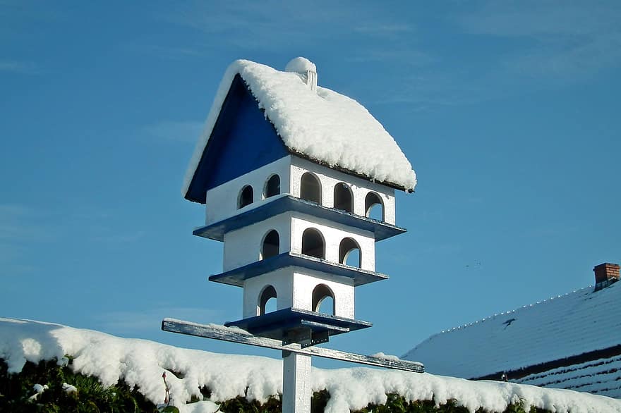 ziemā, sniegs, birdhouse, padevējs