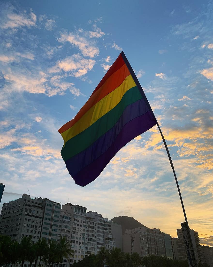 stolthed, homoseksuel, kærlighed, flag, lighed, Copacabana, strand, multi farvet, regnbue, blå, lesbisk