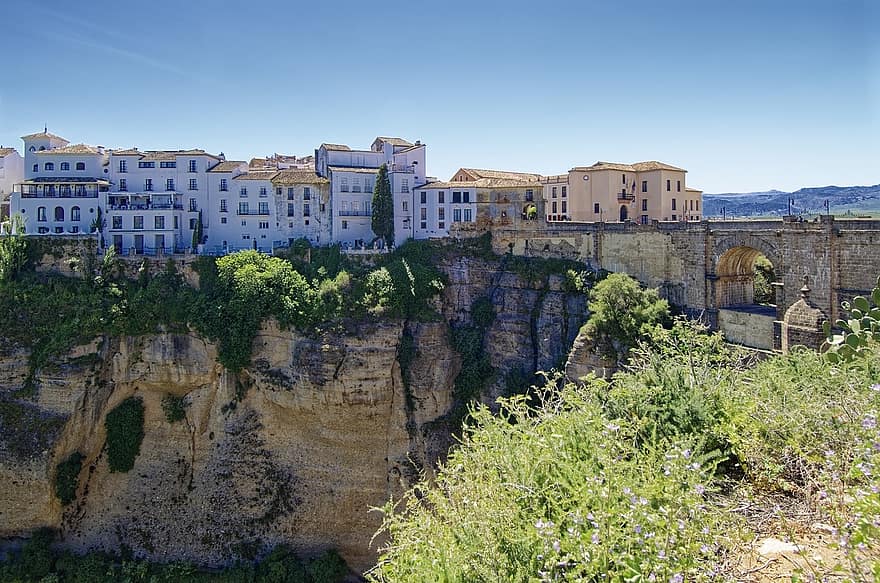 spanien, andalusien, Provinsen Malaga, ronda, stad, historiska centrum, bro, historisk, panorama, syn, sten