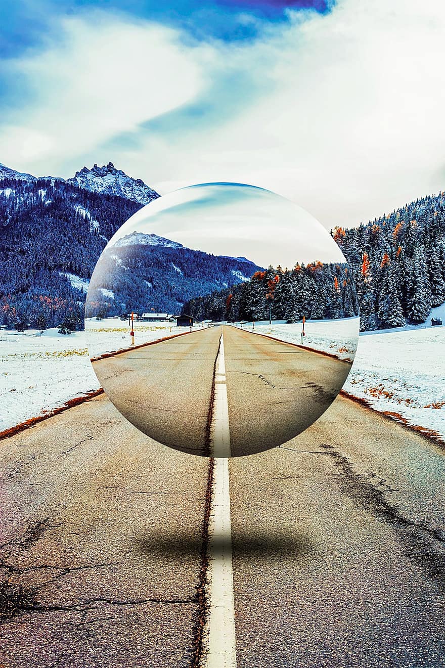 strada, natura, palla per obiettivo, sfera di vetro, paesaggio, la neve