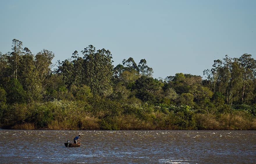 canoe, râu, apă, Argentina, pescuit, natură, vară, copac, peisaj, bărbați, pădure