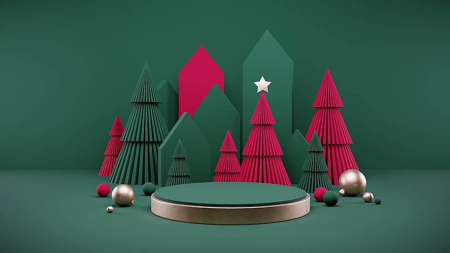 Коледа, подиум, макет, зелен, коледни елхи, топки, украса, празник, 3d, заден план, показ