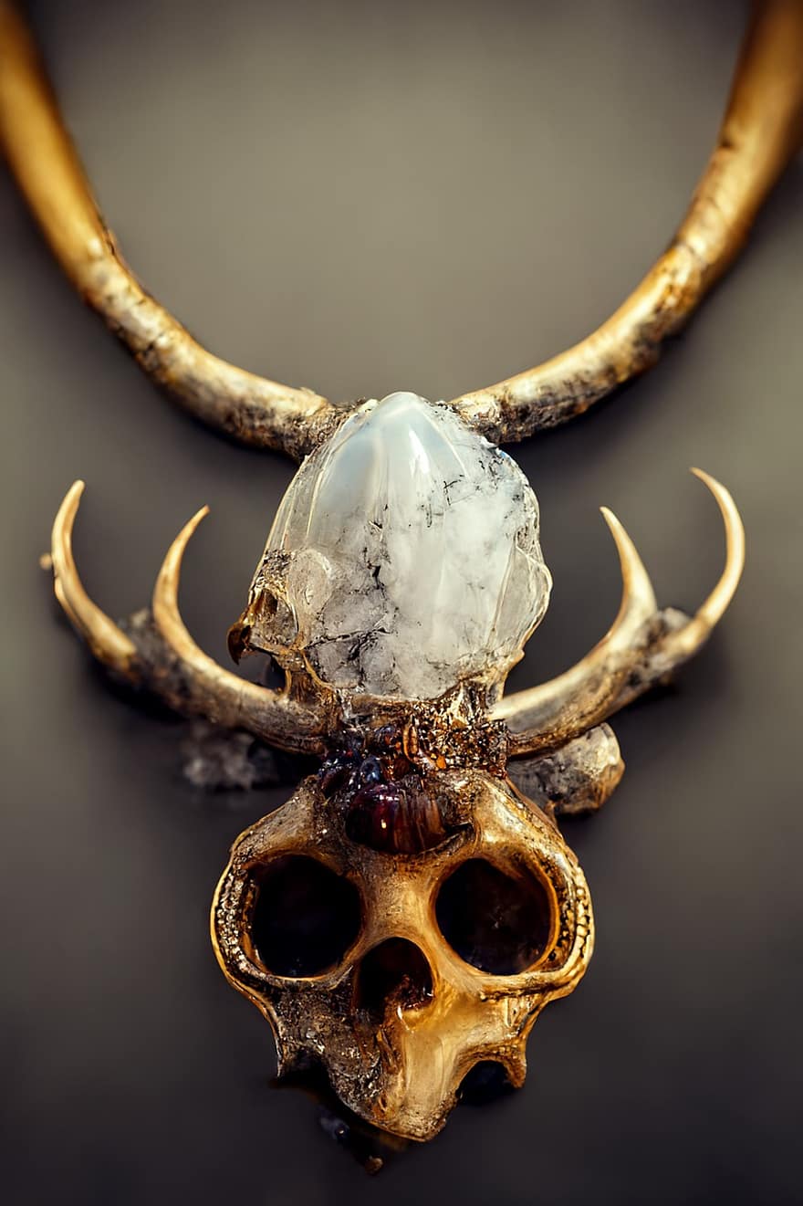 Skull, Antlers, Gold, Ivory, Crystal, Gemstone, Agate, Necklace, animal head, horned, close-up