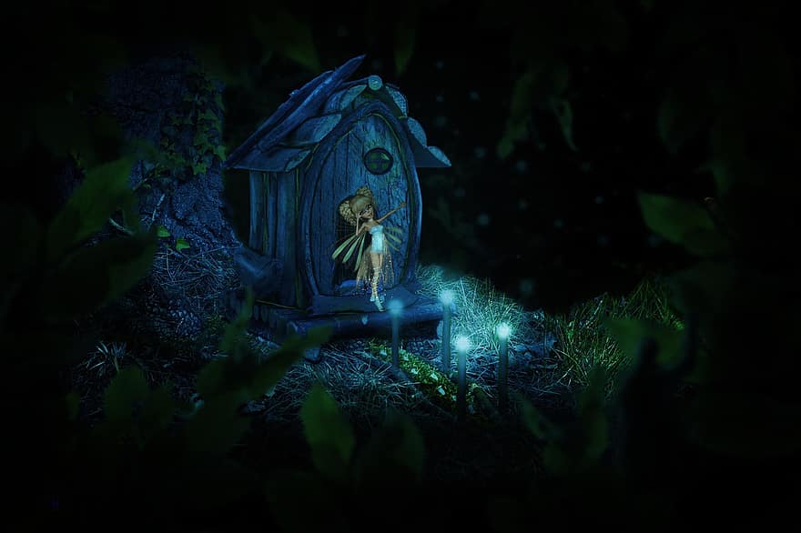 nàng tiên, rừng, tưởng tượng, nhà ở, con gái, đèn, gỗ, thần bí
