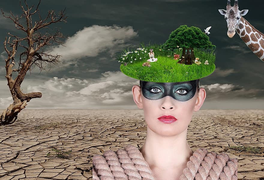 Woman, Desert, Tree Thoughtless, Presentation, Idea, Clouds, Fantasy, Mood, Fantasy Picture, Surreal, Abstract
