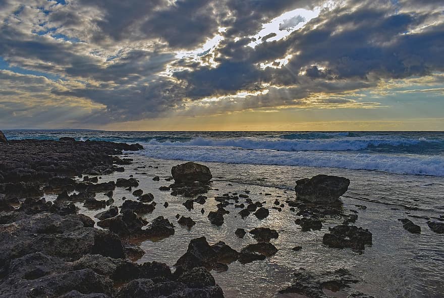 playa, mar, naturaleza, olas, rocas, apuntalar, costa, Costa rocosa, puesta de sol, crepúsculo, nubes