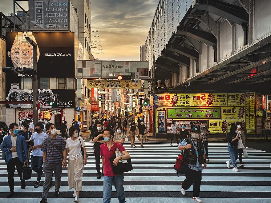 歩行者、旅行、アジア、日本、通り、交差点、台東市、東京、上野、都市