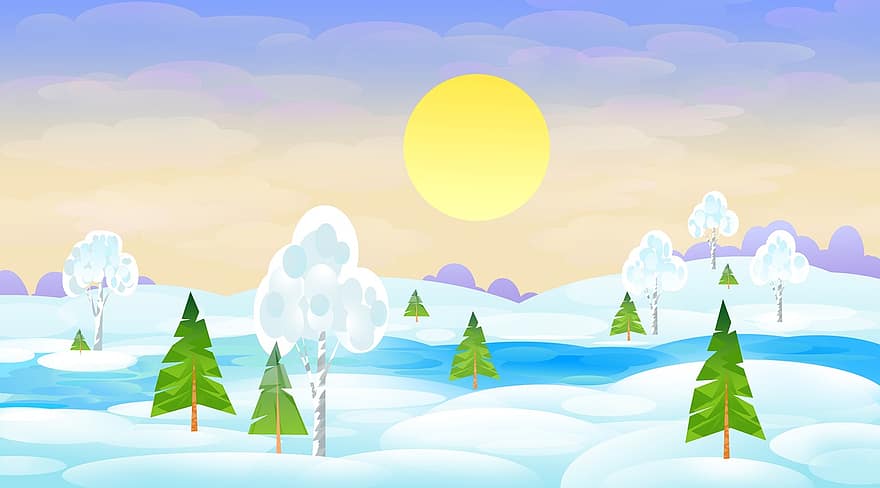 Navidad, ilustración, invierno, paisaje, naturaleza, nieve, ilustrador, cielo, frío, vacaciones, vector