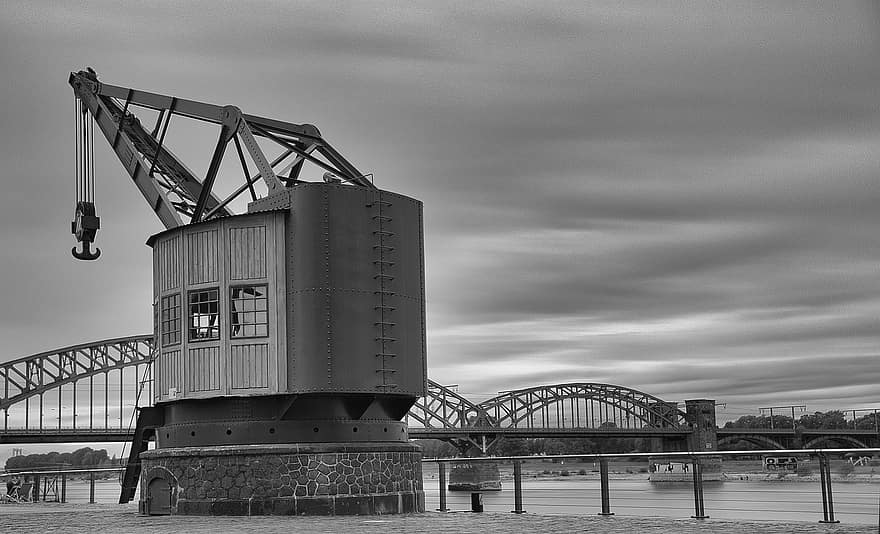 Load Crane, Construction Crane, Bridge, Flow, Cologne, Germany, Black-and-white, Monochrome, transportation, industry, shipping
