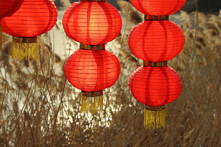 китайски фенери, обесване, нова година, фенери, червени фенери, хартиени фенери, зима, украса, декор, езерце, За Нова година