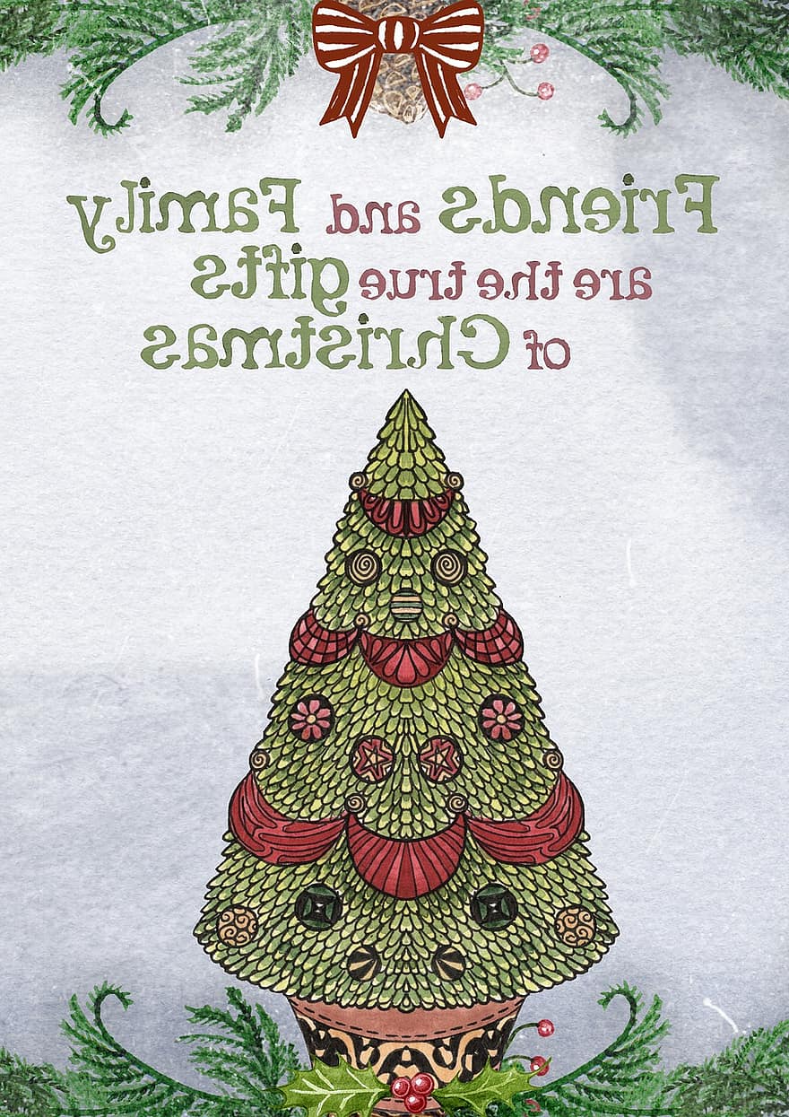 δέντρο, κείμενο, οικογένεια, κάρτα, Χριστούγεννα, τόξο, ακουαρέλα, χαιρετισμός, διακόσμηση, αργία, εορταστικός