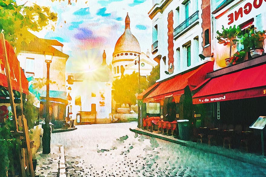 ألوان مائية ، مقهى باريس ، حانة صغيرة ، باريس ، فرنسا ، أوروبا ، فرنسي ، مدينة ، هندسة معمارية ، عتيق ، متجر