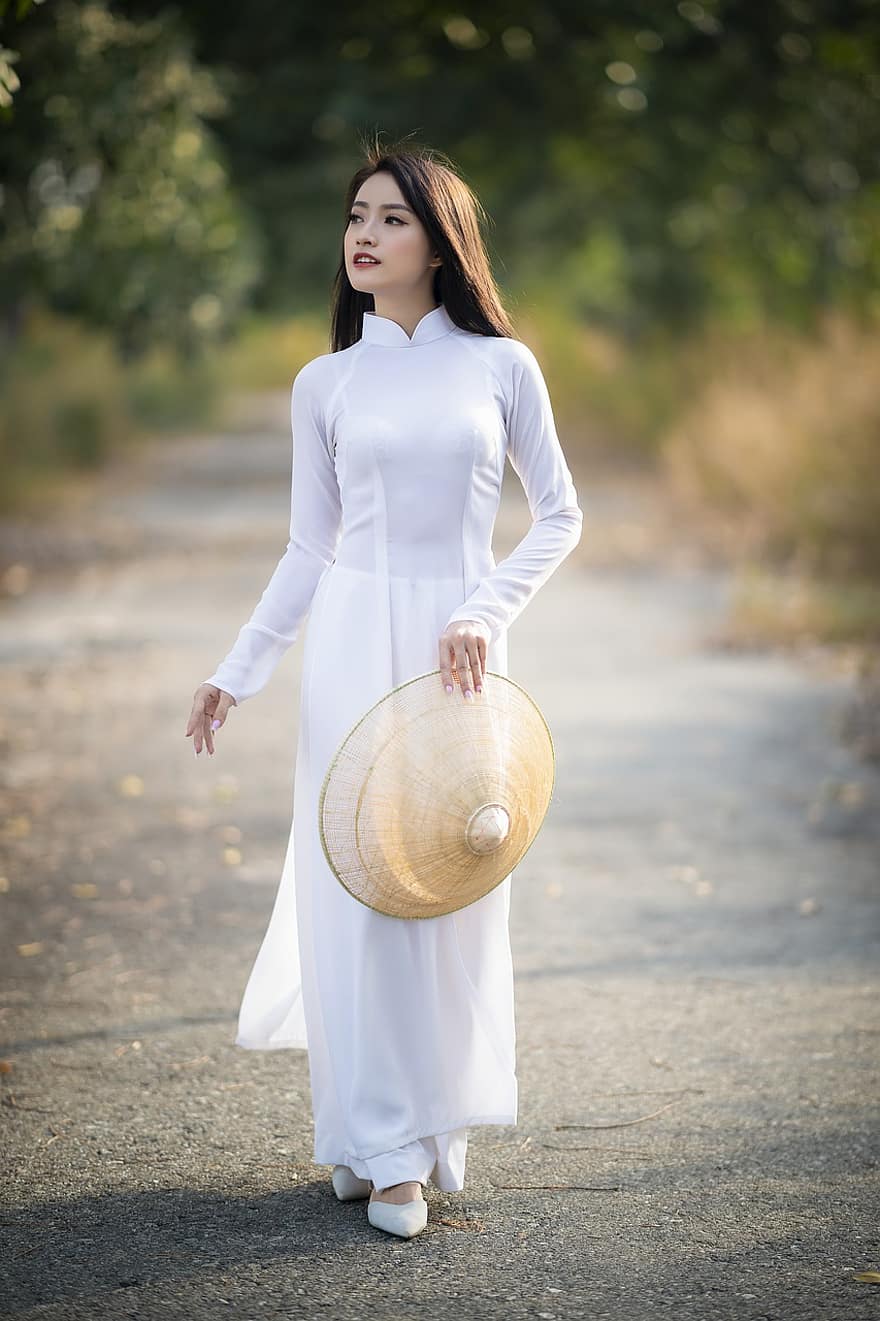 ao dai, Modă, femeie, vietnamese, Rochie Națională Vietnam, White Ao Dai, pălărie conică, tradiţional, frumos, fată, model