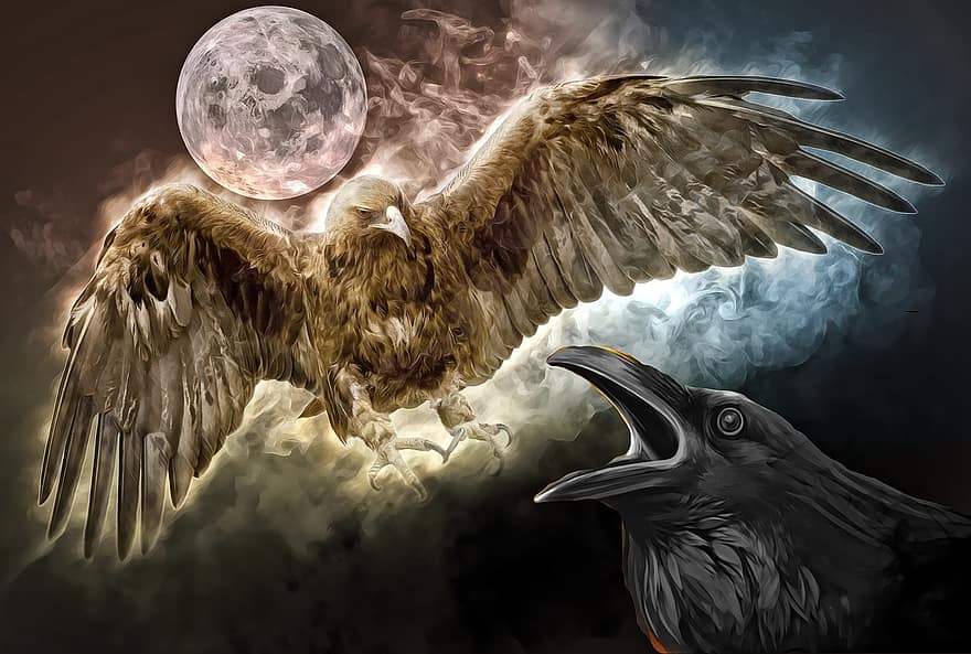 águila, fantasía, cuervo, mito, pájaro, naturaleza, cielo, niebla, místico, paisaje, atmósfera