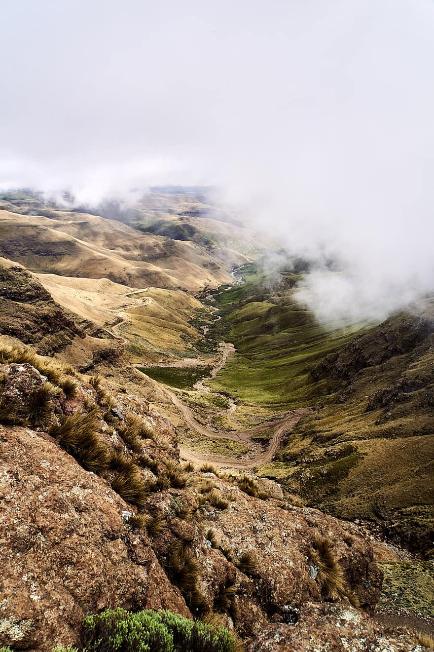 Berge, Nebel, Dunst, Wolken, szenisch, Abenteuer, draußen, Sommer-, Landschaft, Drakensberge, kwazulu-natal