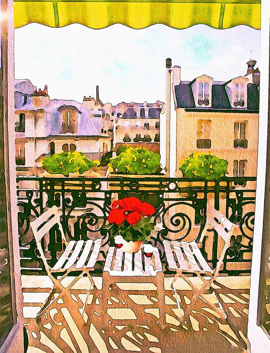 Акварель Балкон, Париж, завтрак, вино, питание, линия горизонта, растения, цветы, Эйфелева башня, балкон, Франция