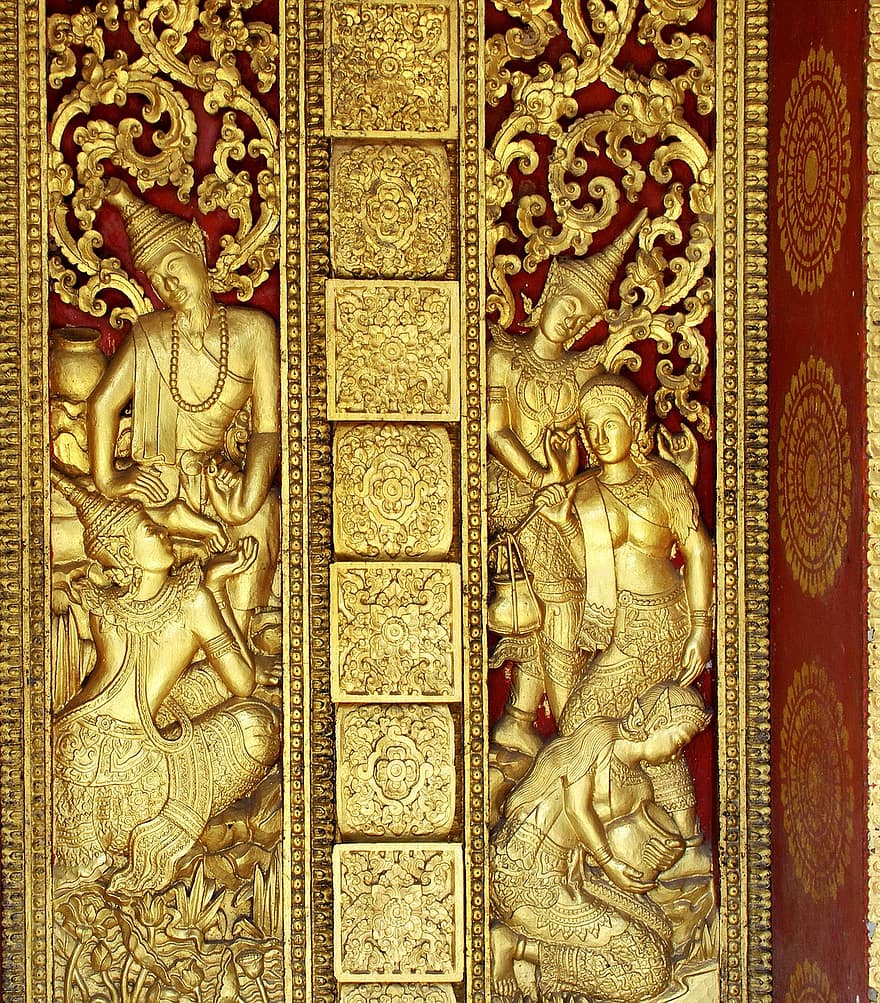 portal, doré, baixo-relevo, Laos, porta, templo, Luang Prabang, arte, Khmer, decoração