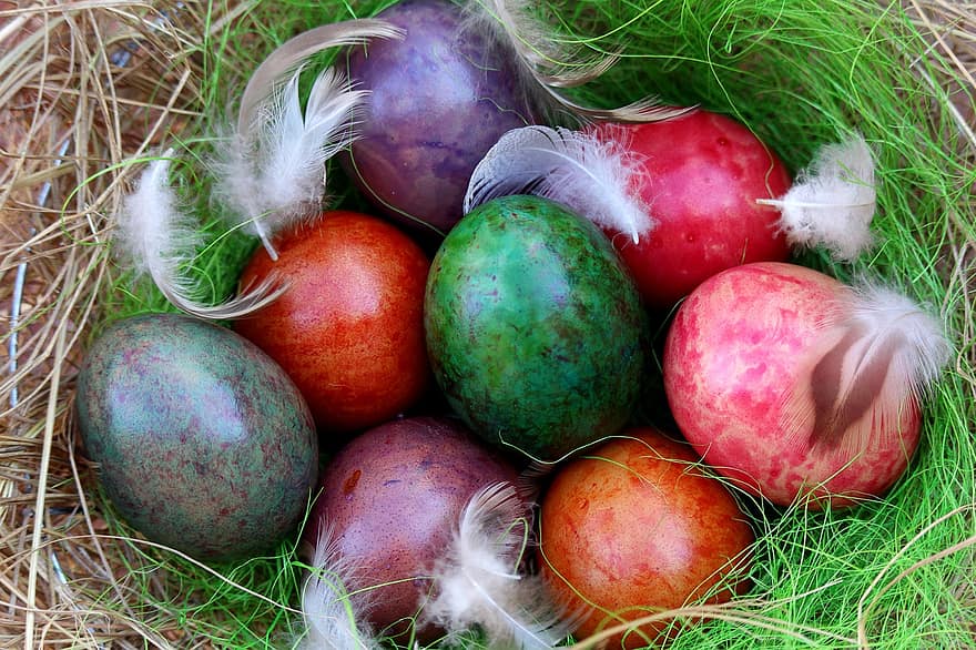 pääsiäisen pesä, pääsiäismunia, pääsiäinen, pääsiäispupu, pääsiäisen ruoho, koriste, monivärinen, värillinen