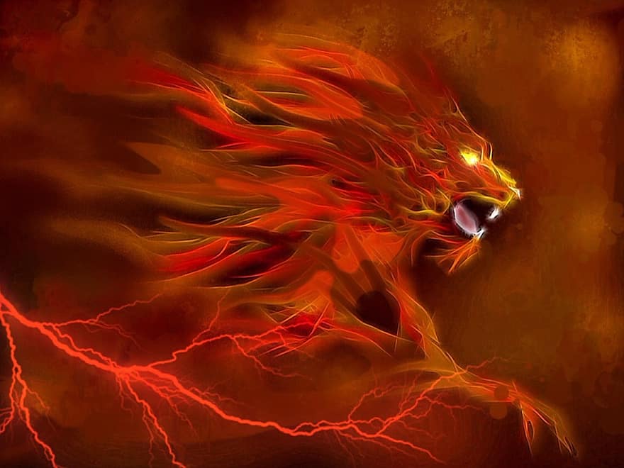 fogo, leão, chama, leve, místico, perigoso, selvagem, essência da luz, fantasia, laranja, vermelho