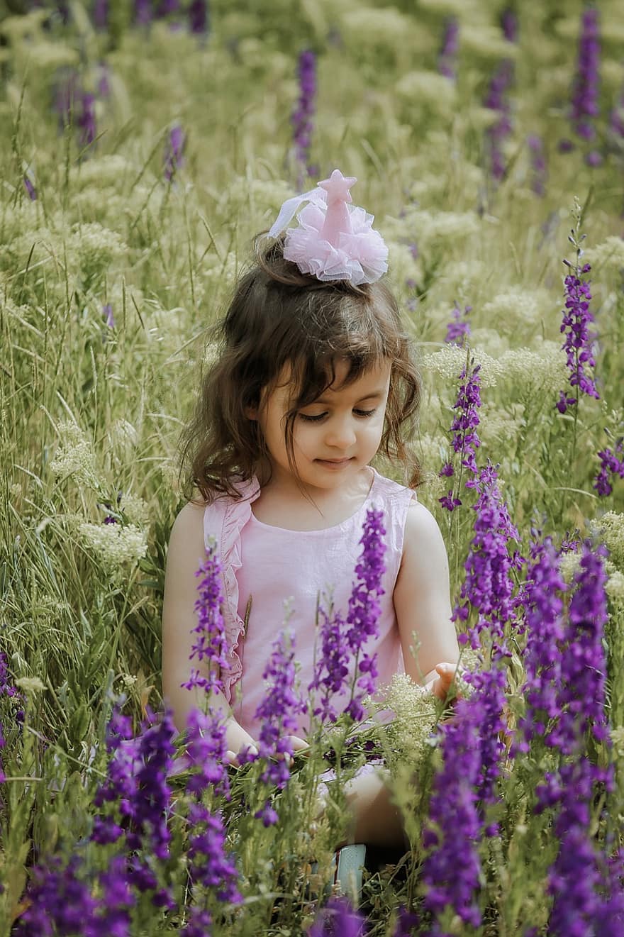 anak, gadis kecil, bidang lavender, bayi, balita, gadis muda, gadis, masa kecil, imut