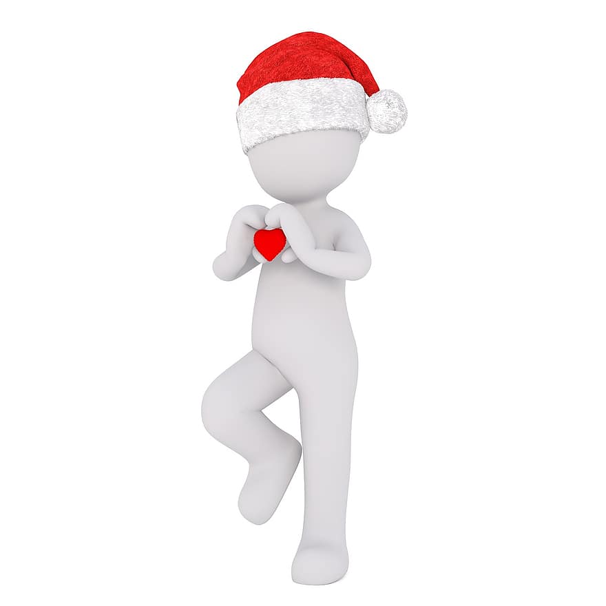mâle blanc, modèle 3D, tout le corps, Bonnet de noel 3d, Noël, chapeau de père Noël, 3d, blanc, isolé, cœur, La Saint Valentin