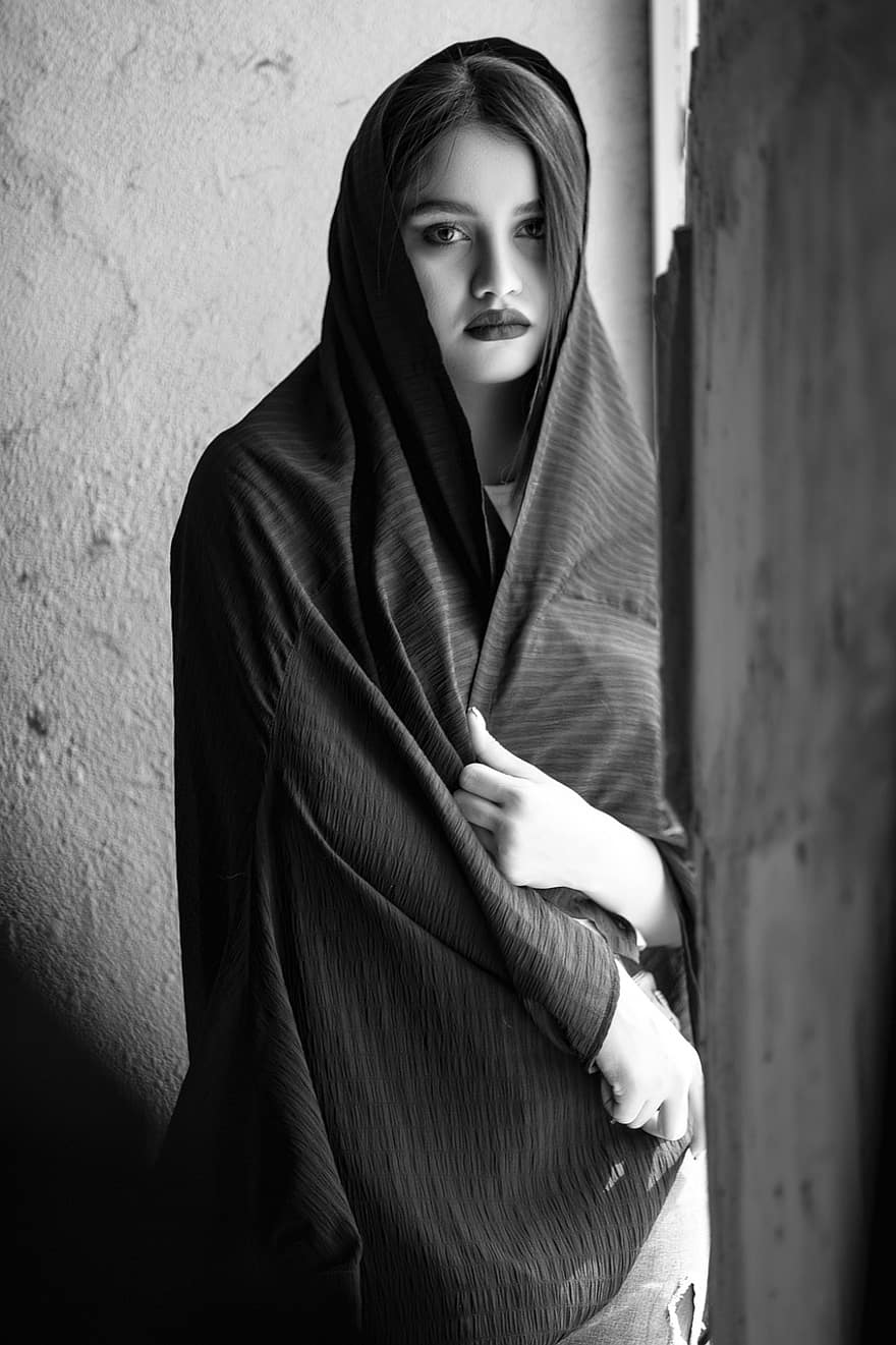 vrouw, verdrietig, portret, zwart en wit, sjaal, meisje, persoon, depressie, alleen, donker, een persoon