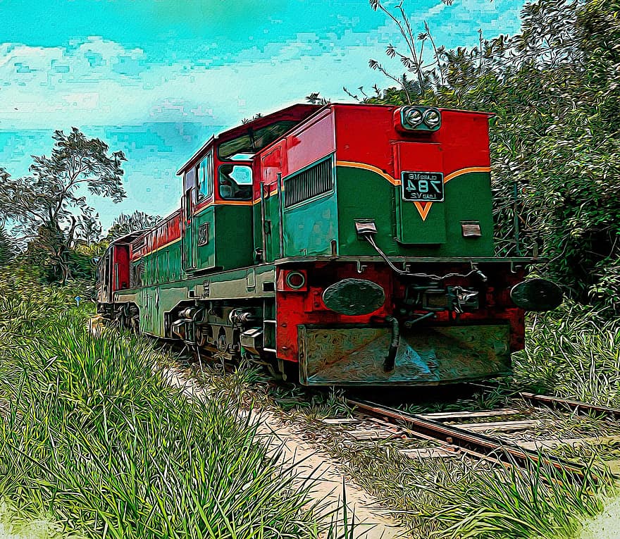 ferrocarril, tren, vehicle, emissió, passatger, transport, locomotora, segueix, aquarel·la, vies del ferrocarril, tren de vapor